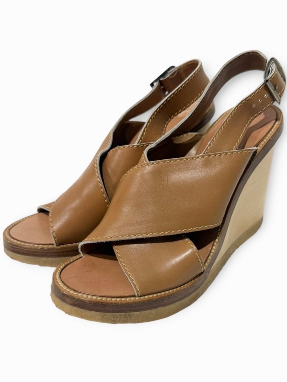 Chloe Leather & Wood Peep Toe Block Heel Sandals Sz 41 Made In Italy